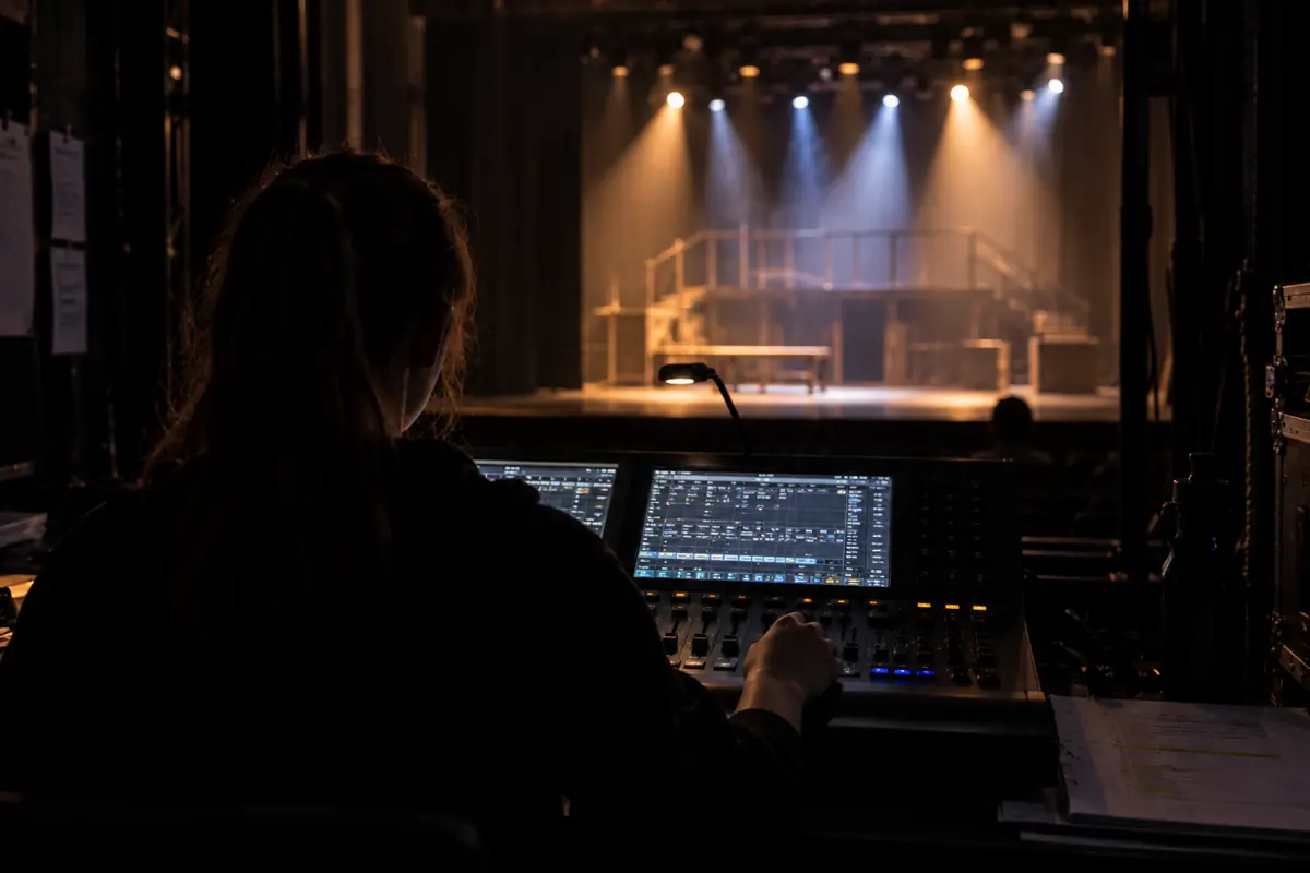 A pupil seen from behind at the lighting desk, the stage lit in amber and blue beyond the booth