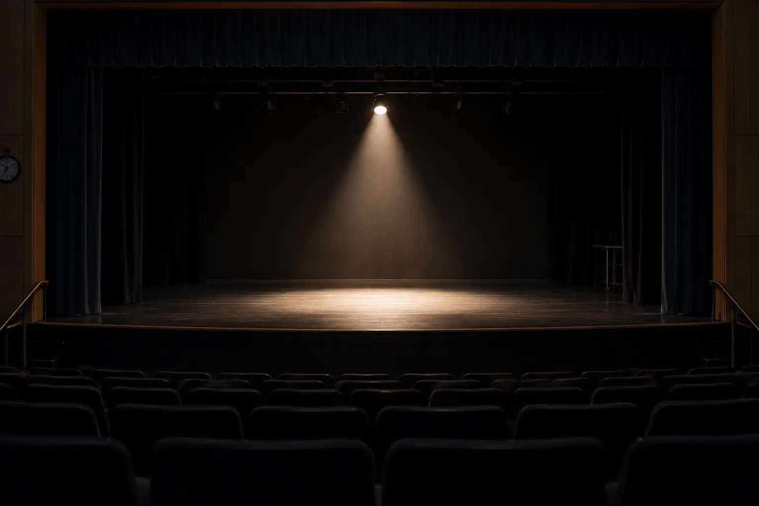 An empty school stage lit by a single working light, seen from the seats