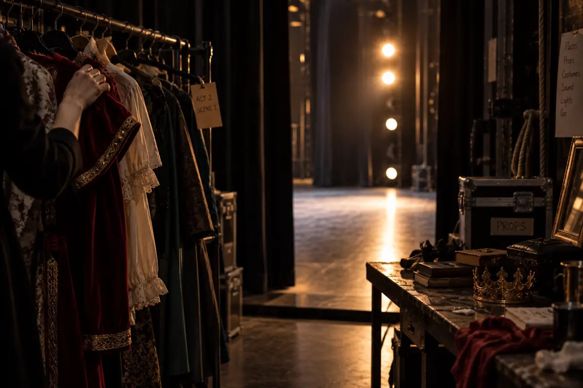 A hand adjusting a red costume on a rail backstage, a props table with a crown beside it and the stage lit beyond