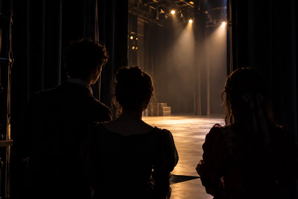 Three actors in costume seen from behind in the wings, waiting for their entrance under stage light